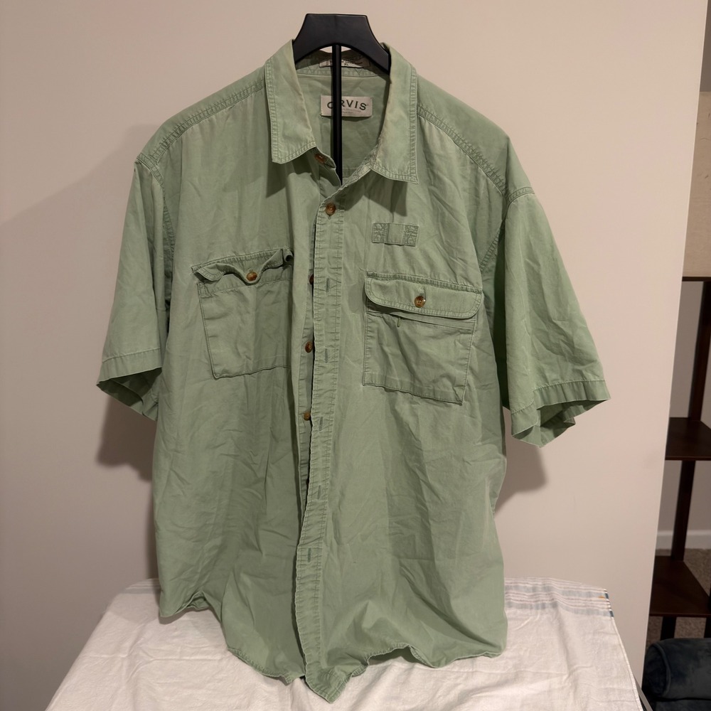 Orvis Sporting Traditions Mens XL Sage Green Cotton Utility Fishing Shirt SS